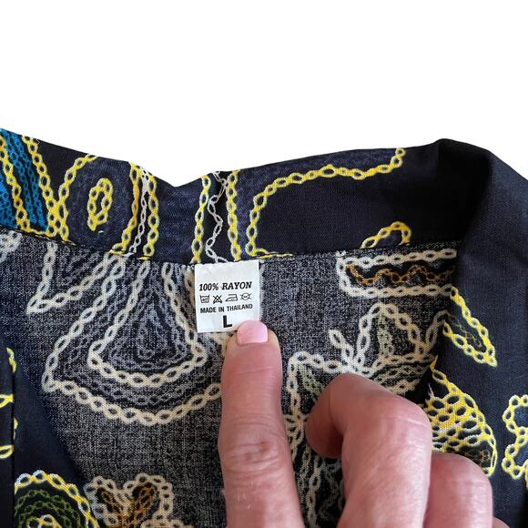 Vintage Men's L Ethnic Rayon Short Sleeve Hawaiian Shirt Mix Print Black Multi - Picture 13 of 15